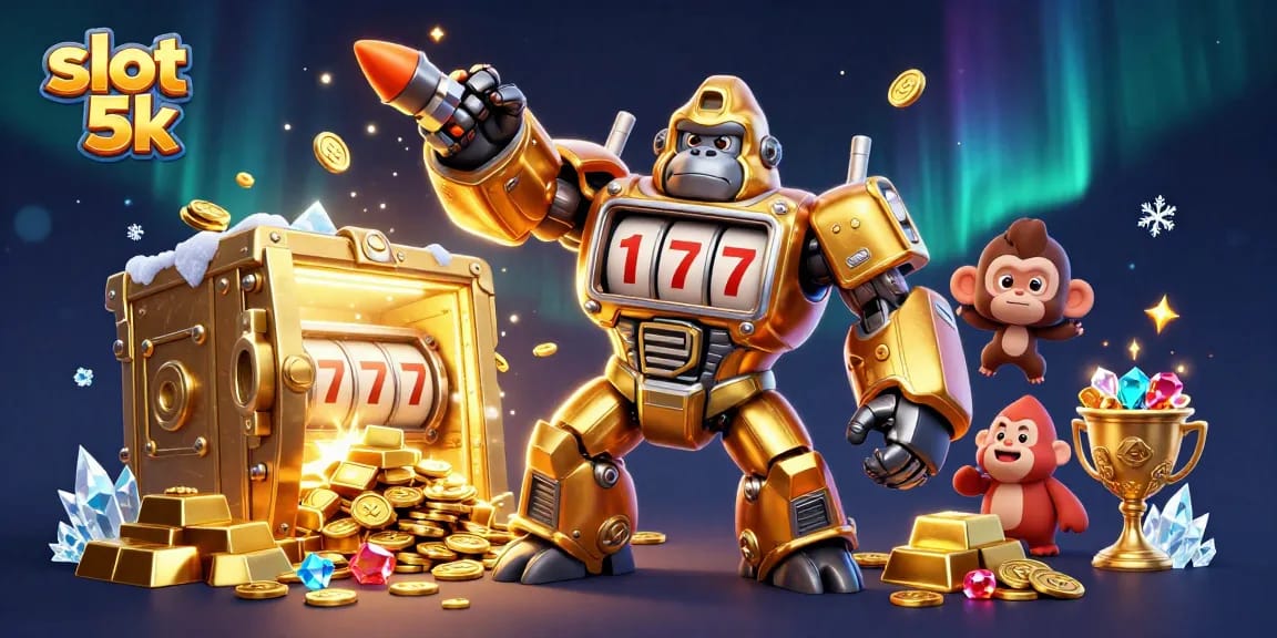 Engage with slot 5k in a thrilling 3D casino scene featuring a golden gorilla mech and extruding treasure.