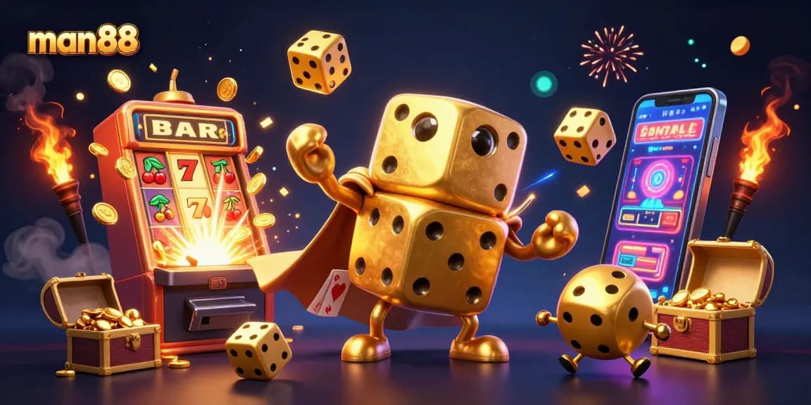 Engage with thrilling man88 gaming excitement featuring a golden dice golem and dynamic casino elements.