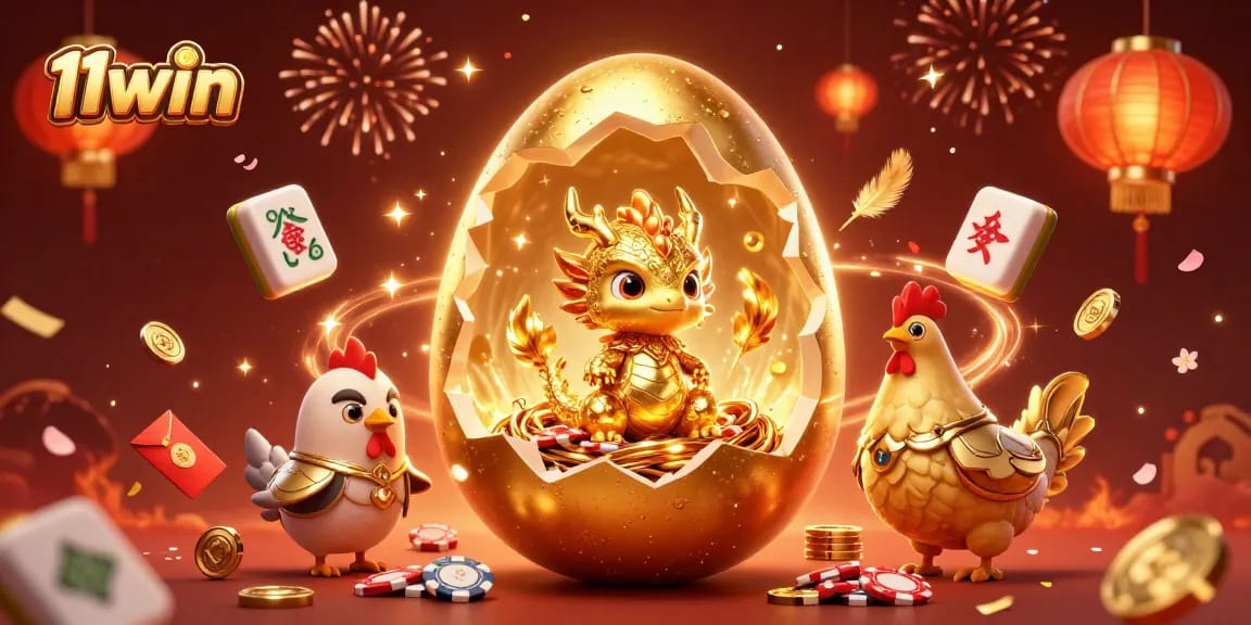 11win revels in a vibrant casino celebration with golden dragon and poker chips.