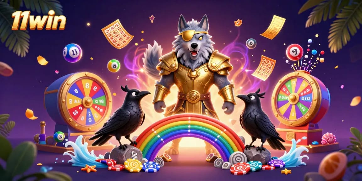 11win presents a vibrant 3D illustration depicting a magical casino theme with exciting elements.