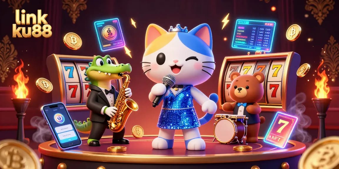 Experience thrilling gameplay at link ku88, featuring a lively casino atmosphere with a jazz-singer cat and rich slot elements.