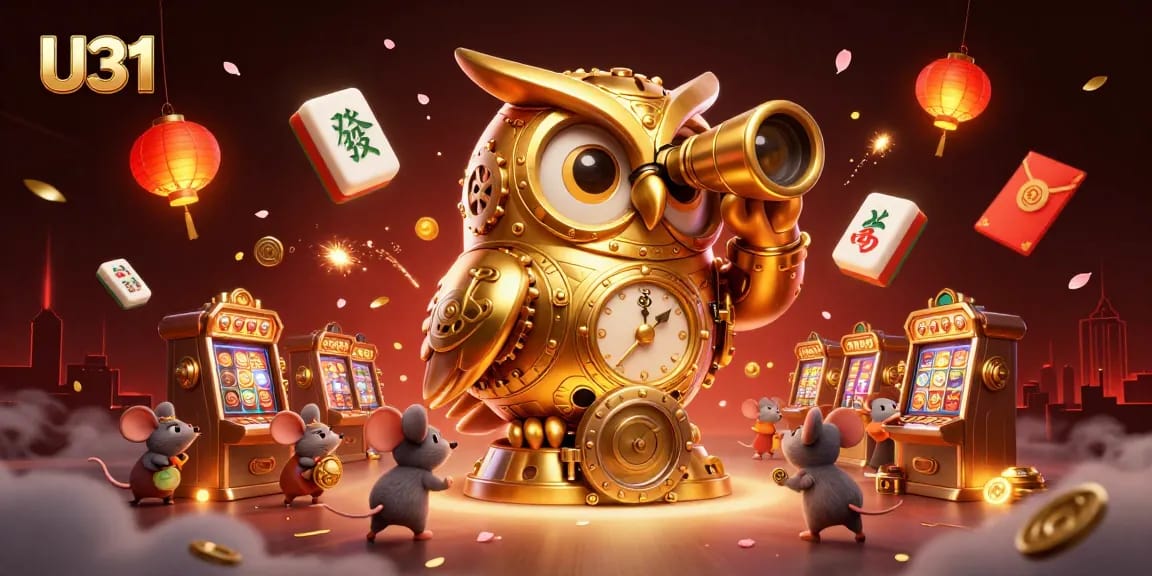 U31 platform showcases a lively casino scene with a golden owl and bustling cartoon patrons amidst dynamic gaming elements.