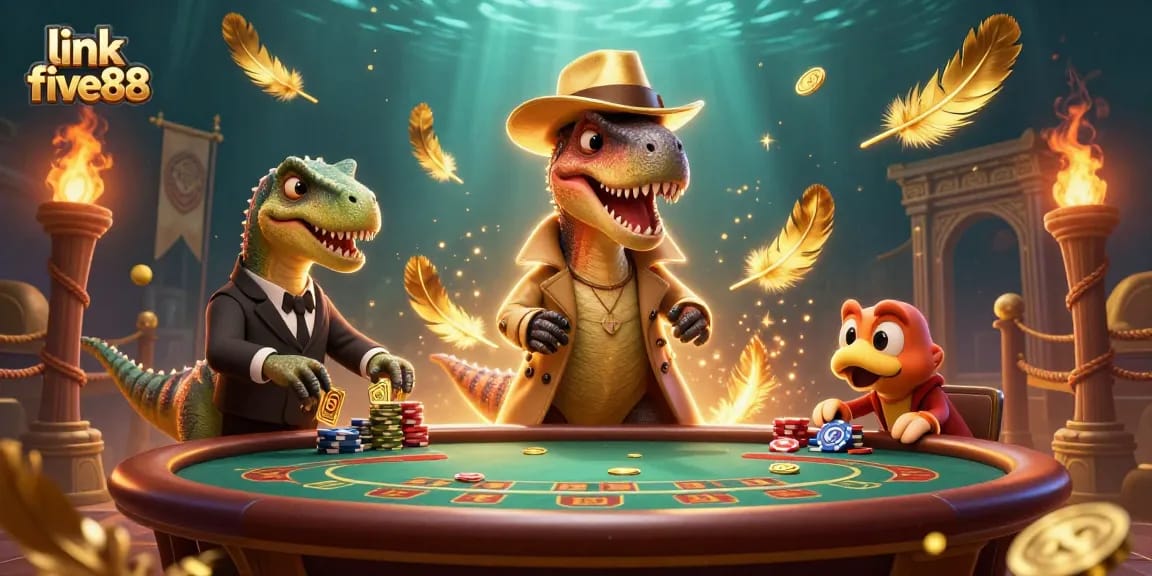 link five88 reveals a lively cartoon scene of a velociraptor card counter at a blackjack table, enhancing casino excitement.