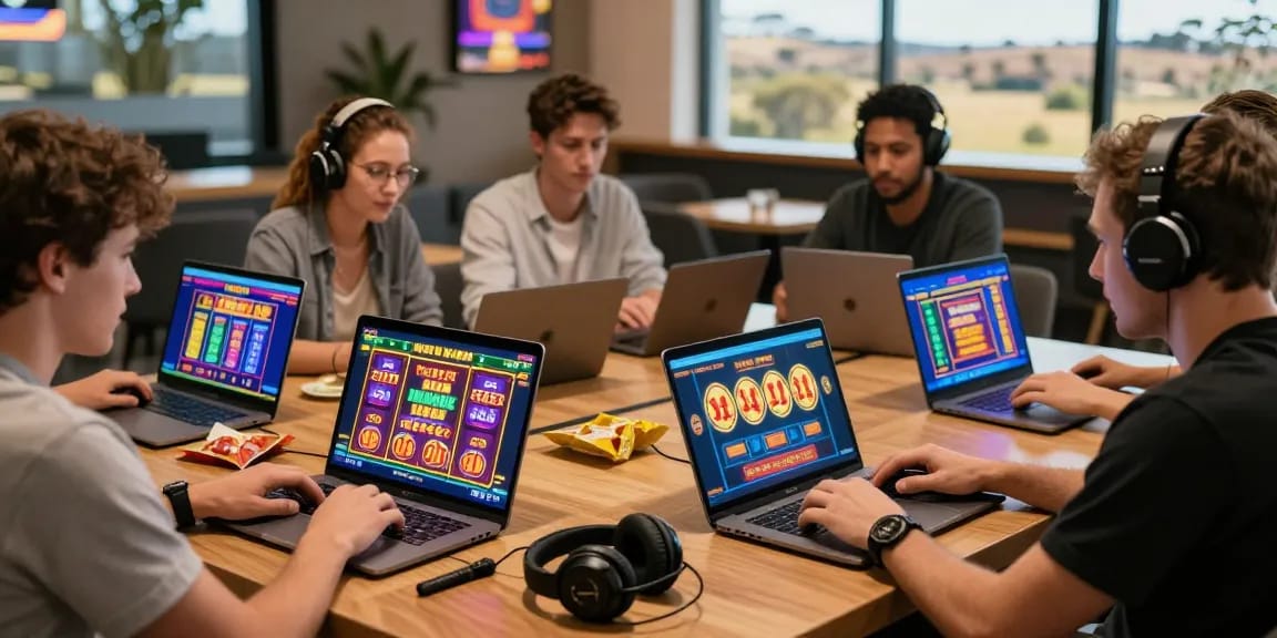 Australian online casinos scene with players engaged in lively gameplay, showcasing favorite pokies and games in a relaxed lounge setting.