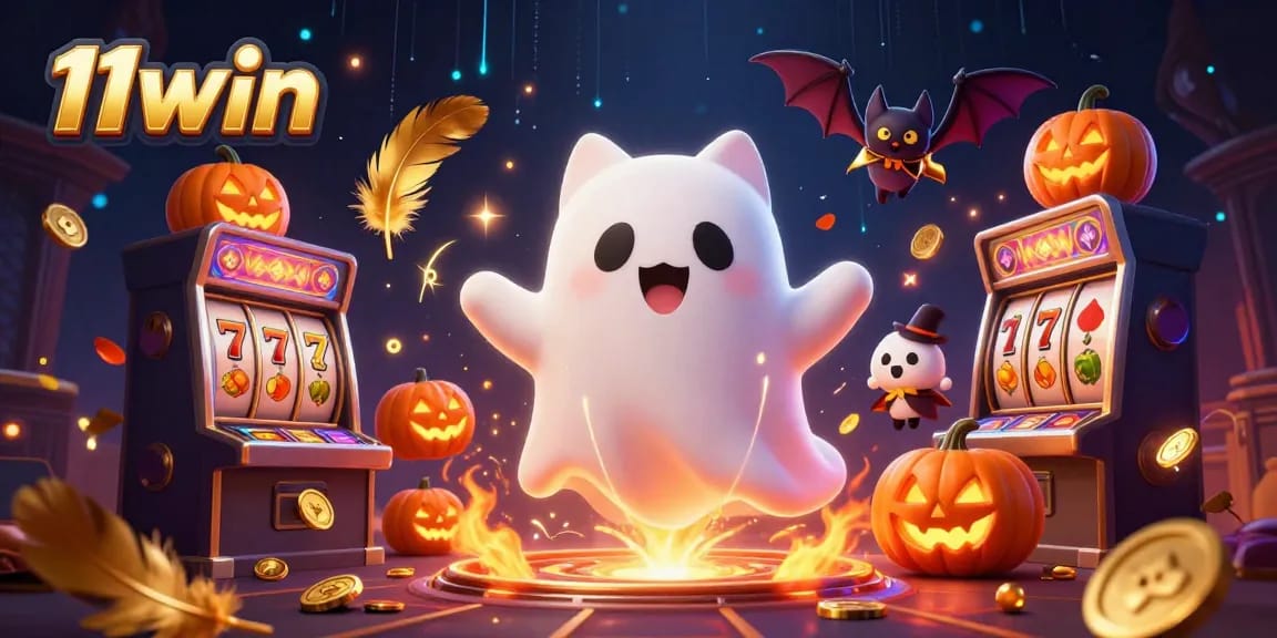 Experience thrilling moments at 11win with a ghost cat and vampire bat in a dynamic casino scene.