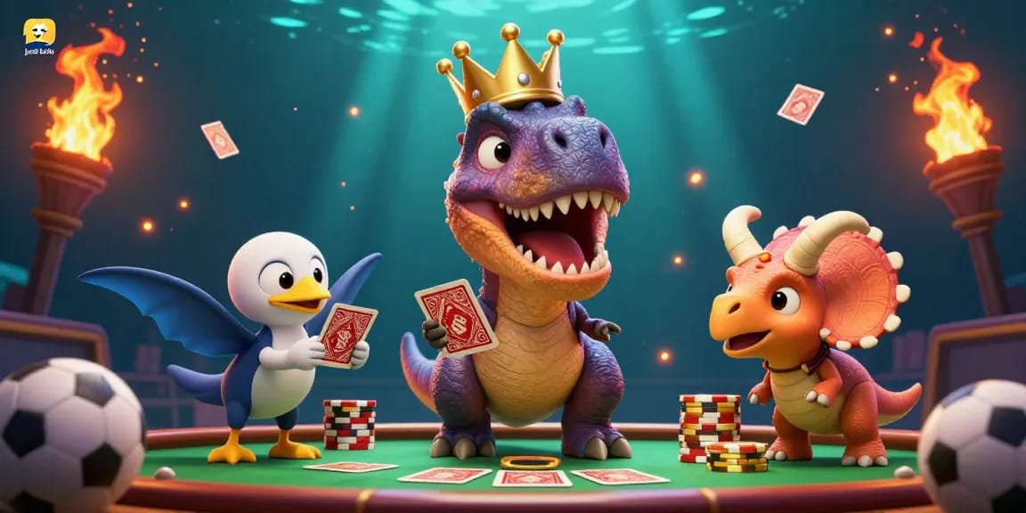 Engage in judi bola action with a friendly T-Rex shuffling cards and a baby triceratops stacking chips.