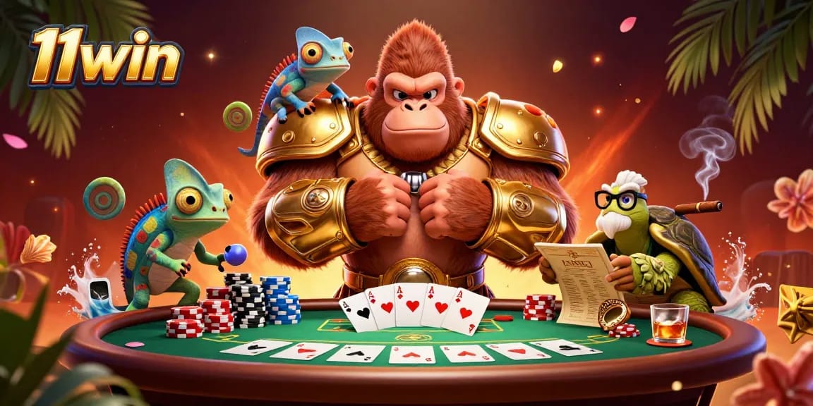 Play poker with 11win's vibrant gorilla king amidst colorful chips and cards.