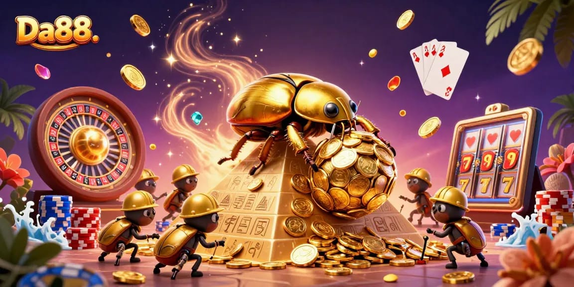 Win big with Da88 as a golden dung beetle rolls a treasure of coins in this casino-themed illustration.