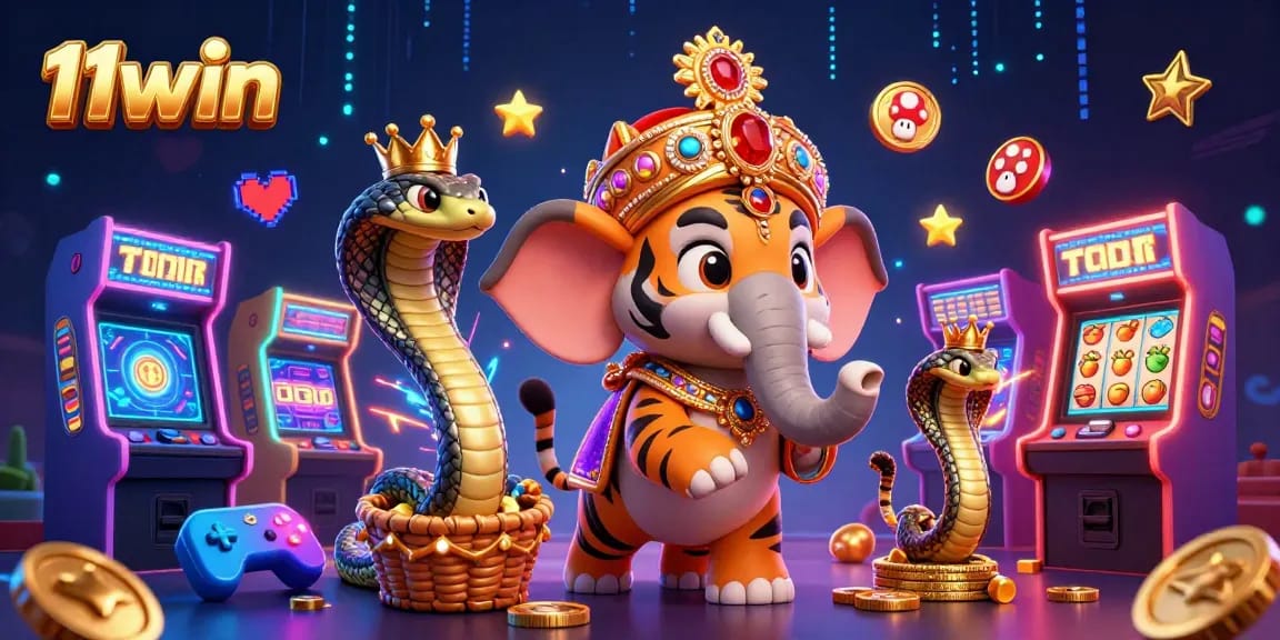 Experience 11win's vibrant 3D casino scene with a maharaja, elephant, and gaming elements.