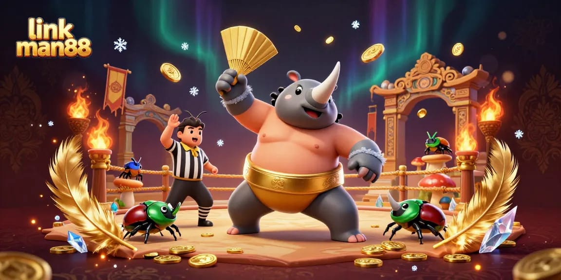 link man88 brings excitement as a beetle champion stomps coins in a colorful casino arena