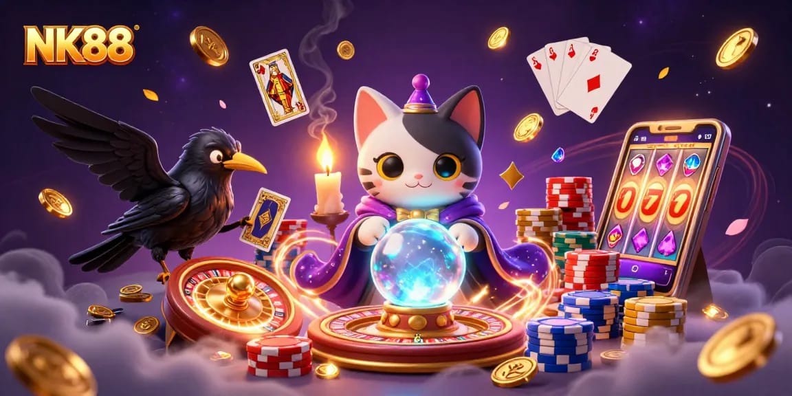 Experience thrilling wins at NK88 with vibrant casino elements and fantasy characters.