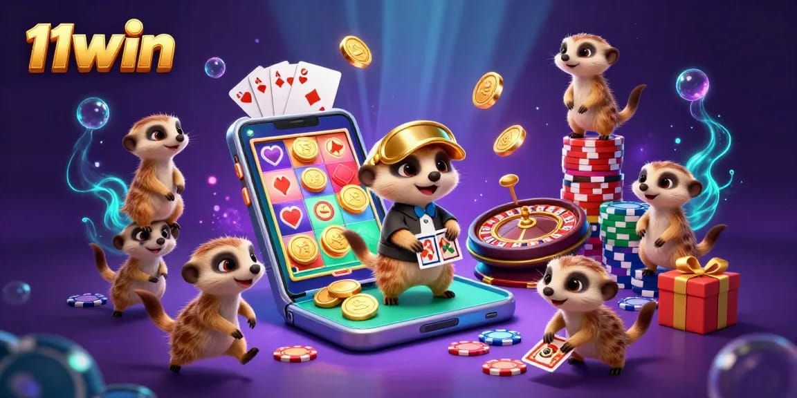 Engage with 11win's vibrant casino scene featuring meerkats running the show, showcasing exciting games.