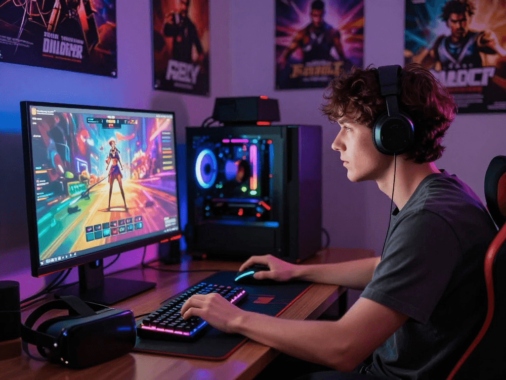 Immersive scene of a person focused on a vibrant porn game on a computer, highlighting gaming accessories and an engaging atmosphere.