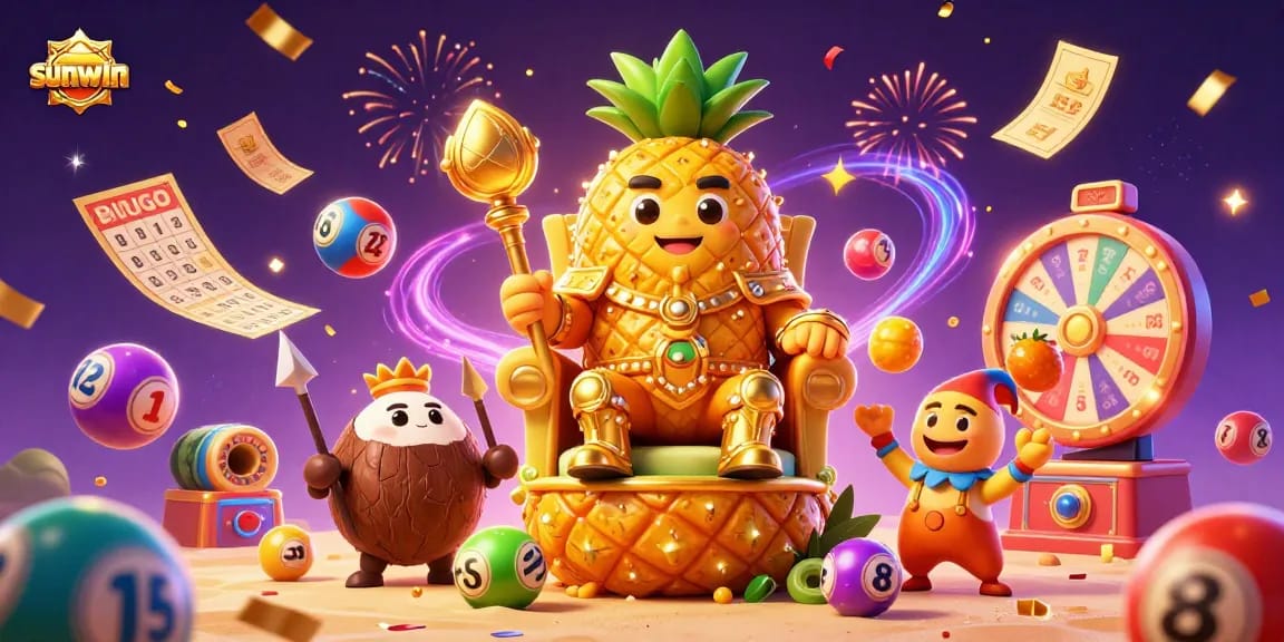Sunwin's vibrant lottery scene features a pineapple king, colorful balls, and exciting gaming elements.