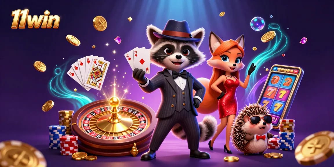 Experience thrilling wins at 11win with a dynamic scene of a raccoon holding a royal flush.