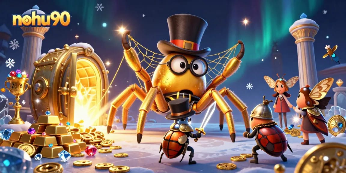 Nohu90 players spin slots and explore a lavish digital casino filled with treasures