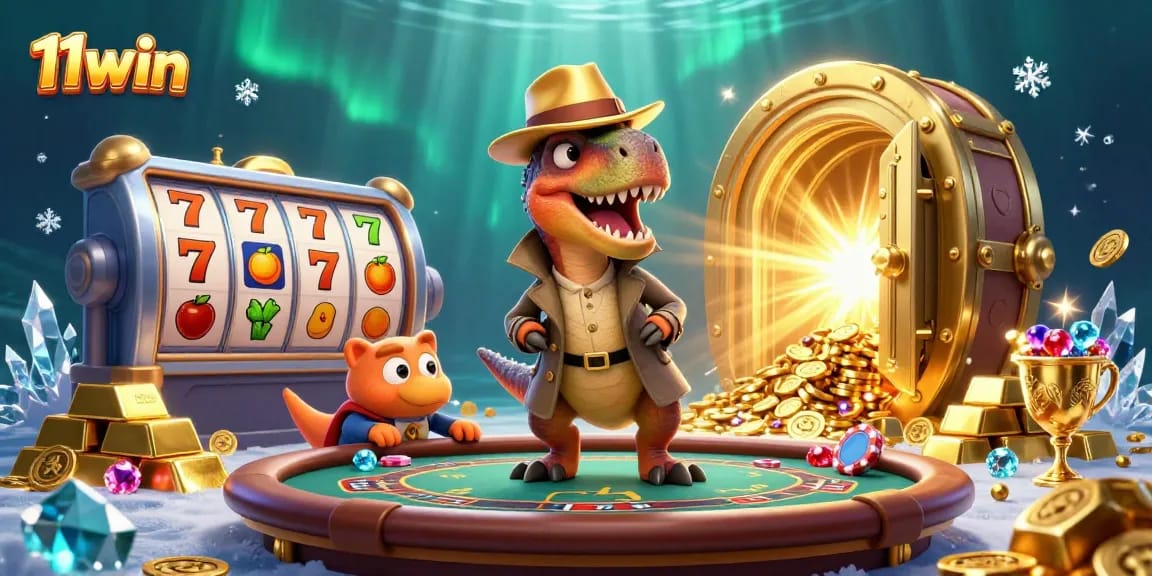 Experience the thrill of 11win at the blackjack table with fun dinosaur characters in a rich casino setting.