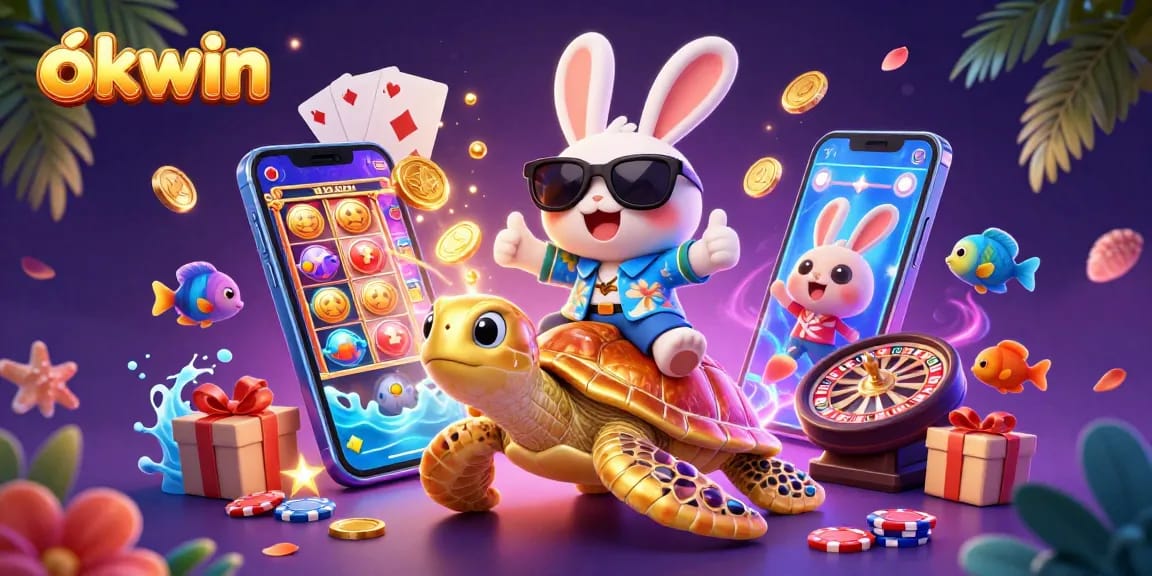 Experience vibrant gaming action at okwin, featuring a lucky rabbit on a golden turtle amidst dynamic casino elements.
