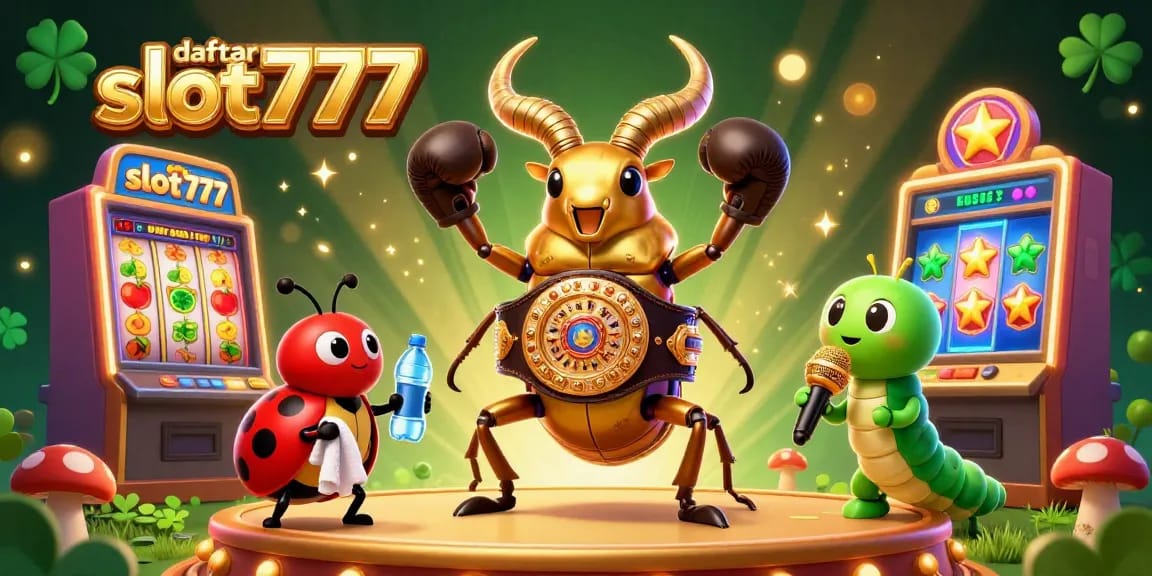 Spin the reels with daftar slot777 in an exciting golden stag beetle boxing match themed illustration.