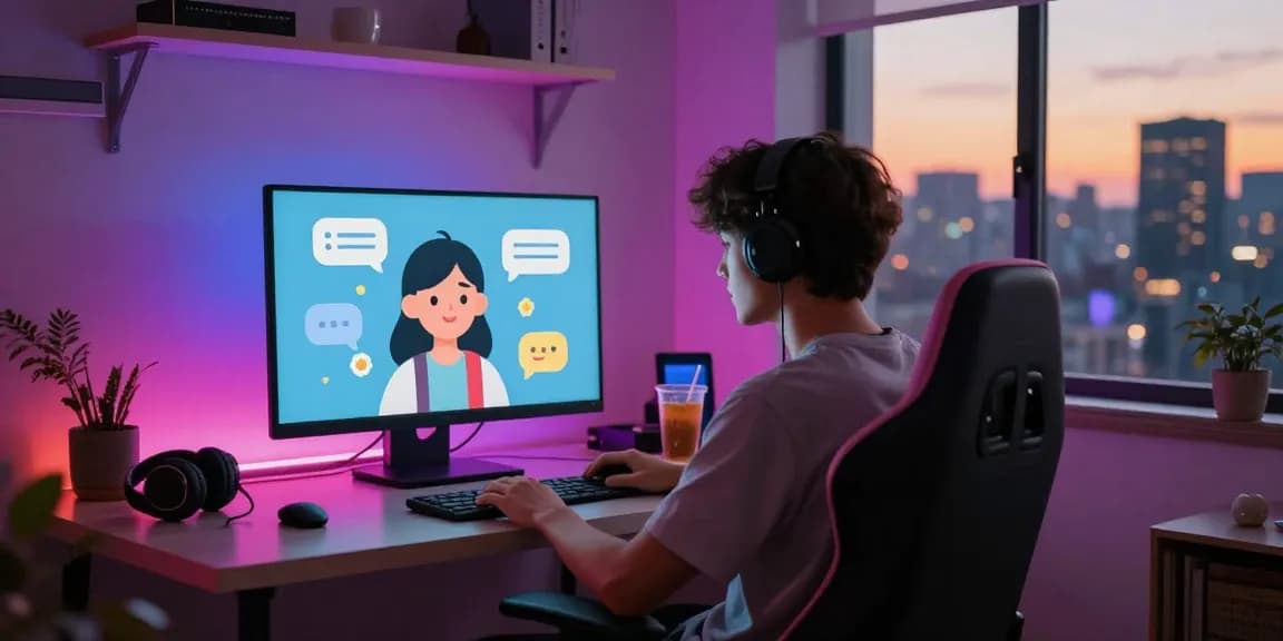 Engaging NSFW AI chat scene featuring a user interacting with a virtual character, with vibrant colors and modern aesthetics.