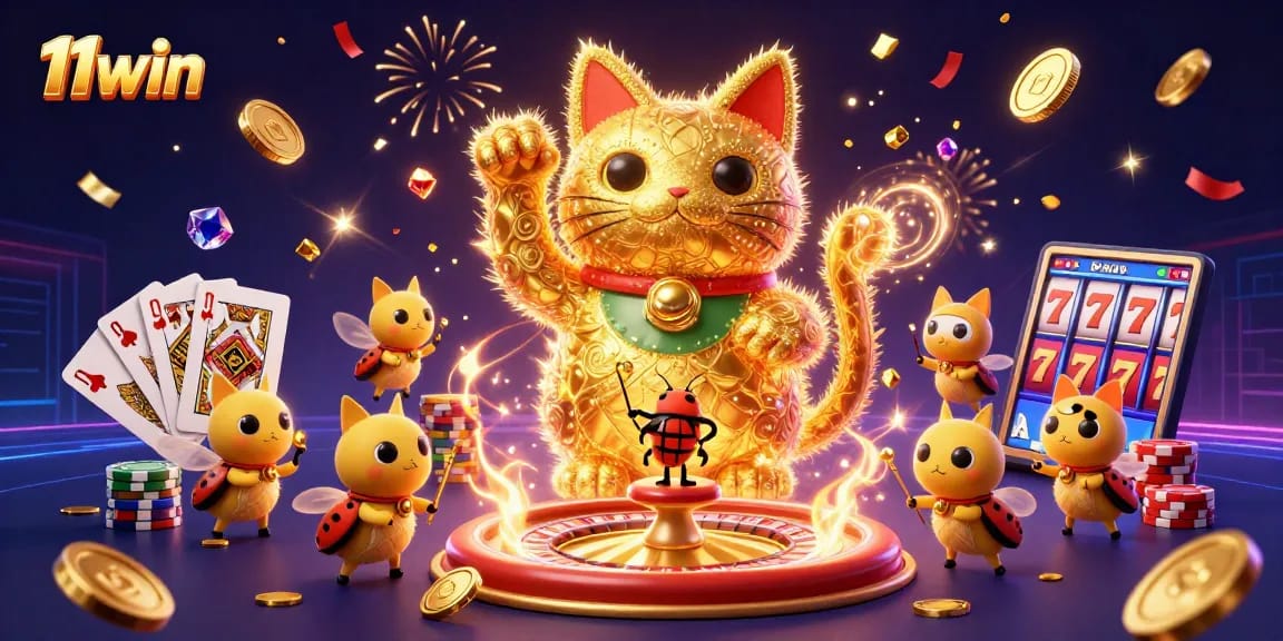 Experience thrilling wins with 11win's vibrant lucky cat and golden casino symbols.