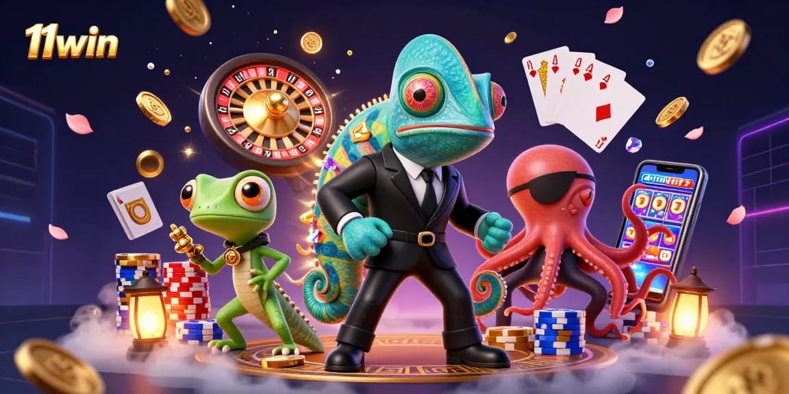 Join the excitement of 11win with cartoon characters in a dynamic casino scene full of action.