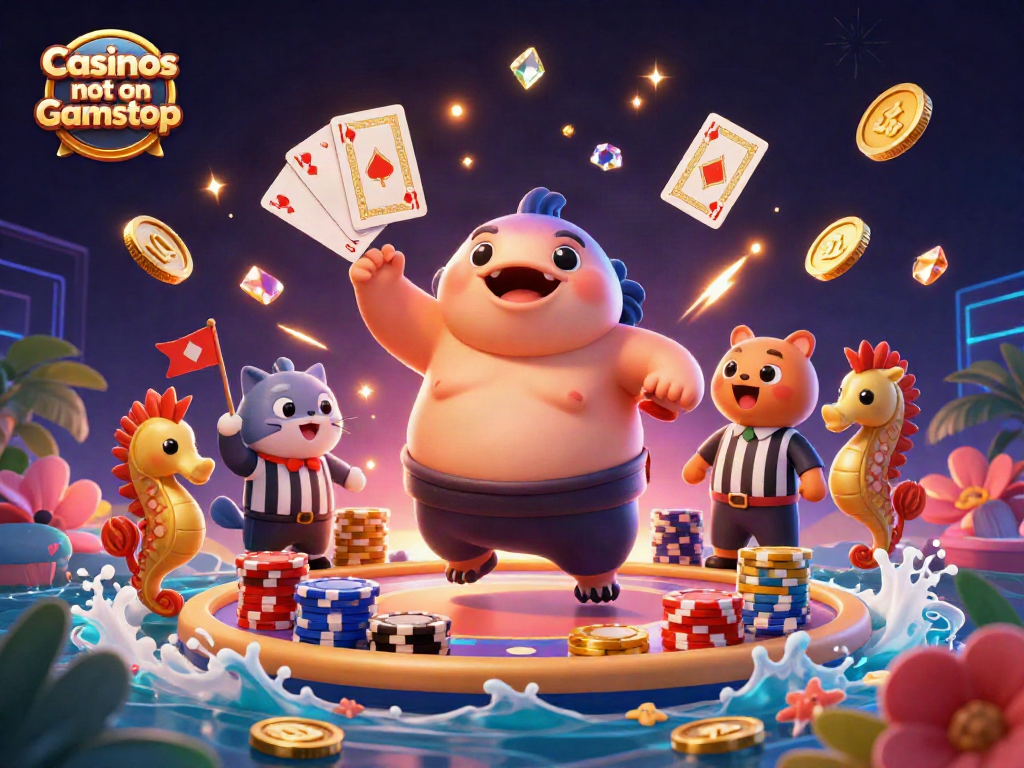 Experience exciting gameplay at Casinos not on Gamstop with vibrant 3D aquatic character illustration.