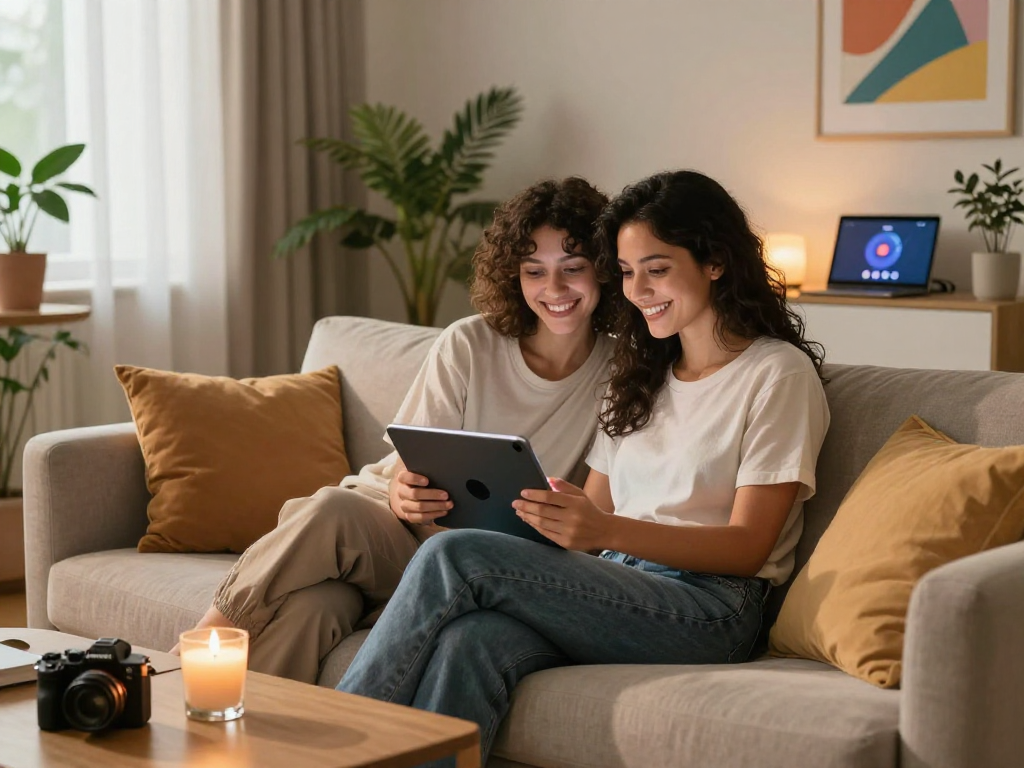 A couple exploring ai sex technology in a cozy living room atmosphere with mood lighting.