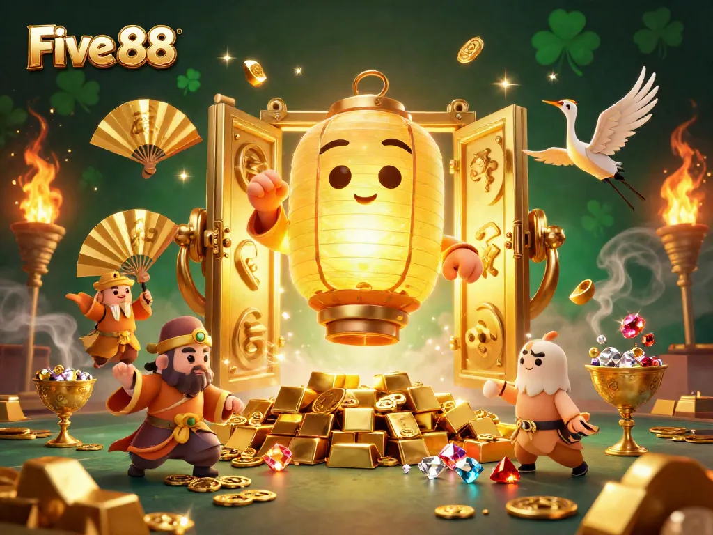 Experience the vibrant excitement at Five 88 casino, showcasing a glowing lantern spirit and gold treasures.