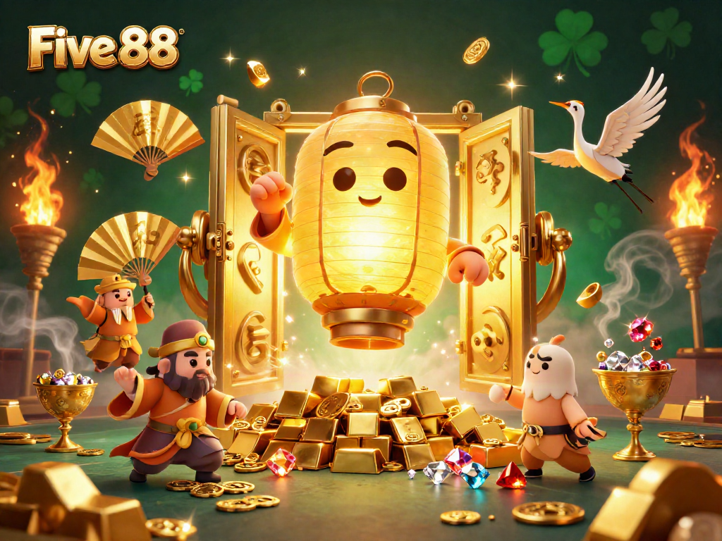 Experience the vibrant excitement at Five 88 casino, showcasing a glowing lantern spirit and gold treasures.