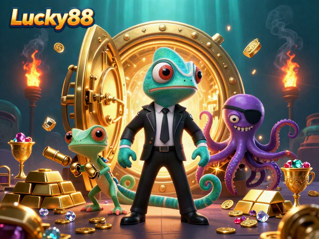 Experience the excitement at Lucky88 with a dynamic scene featuring a secret agent chameleon, tech-savvy gecko, and villainous octopus amidst treasure.