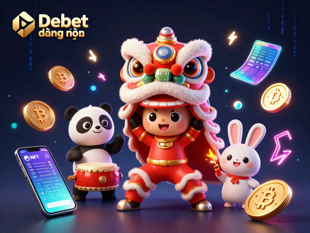 Win big at Debet đăng nhập, showcasing a festive scene with vibrant characters and crypto elements!