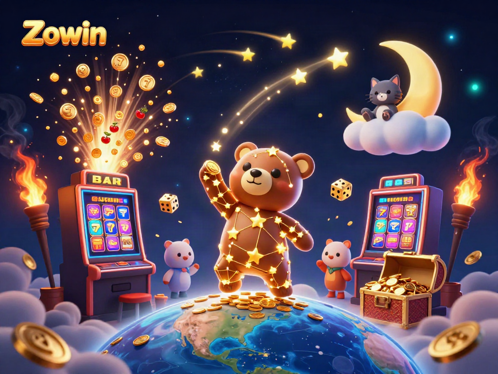 Engage with Zowin's enchanting 3D casino experience featuring a golden constellation bear collecting coins.