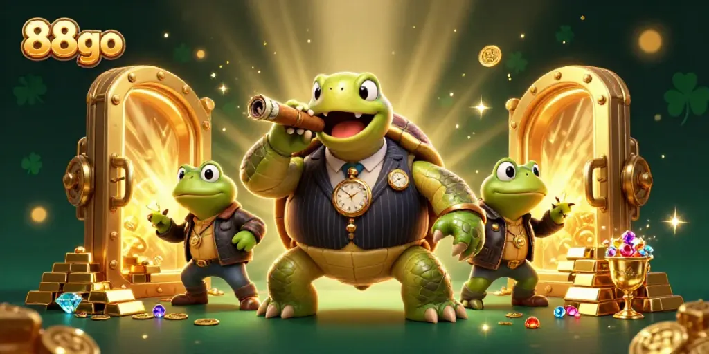Experience the excitement of 88go with a playful scene featuring casino-themed characters and treasures.