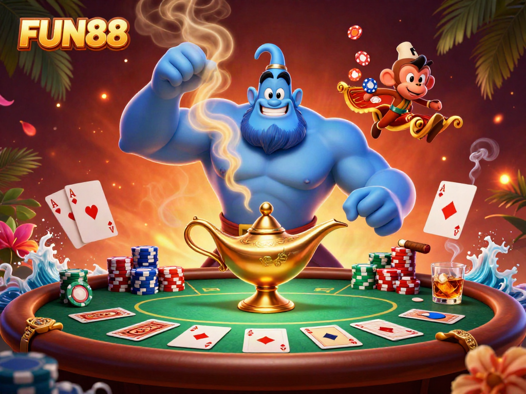 Experience FUN88’s vibrant casino atmosphere with a genie, poker chips, and dynamic game elements.