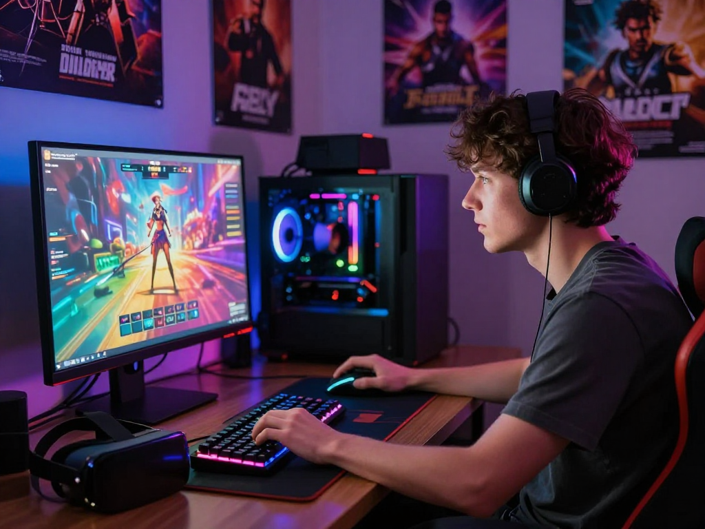 Immersive scene of a person focused on a vibrant porn game on a computer, highlighting gaming accessories and an engaging atmosphere.