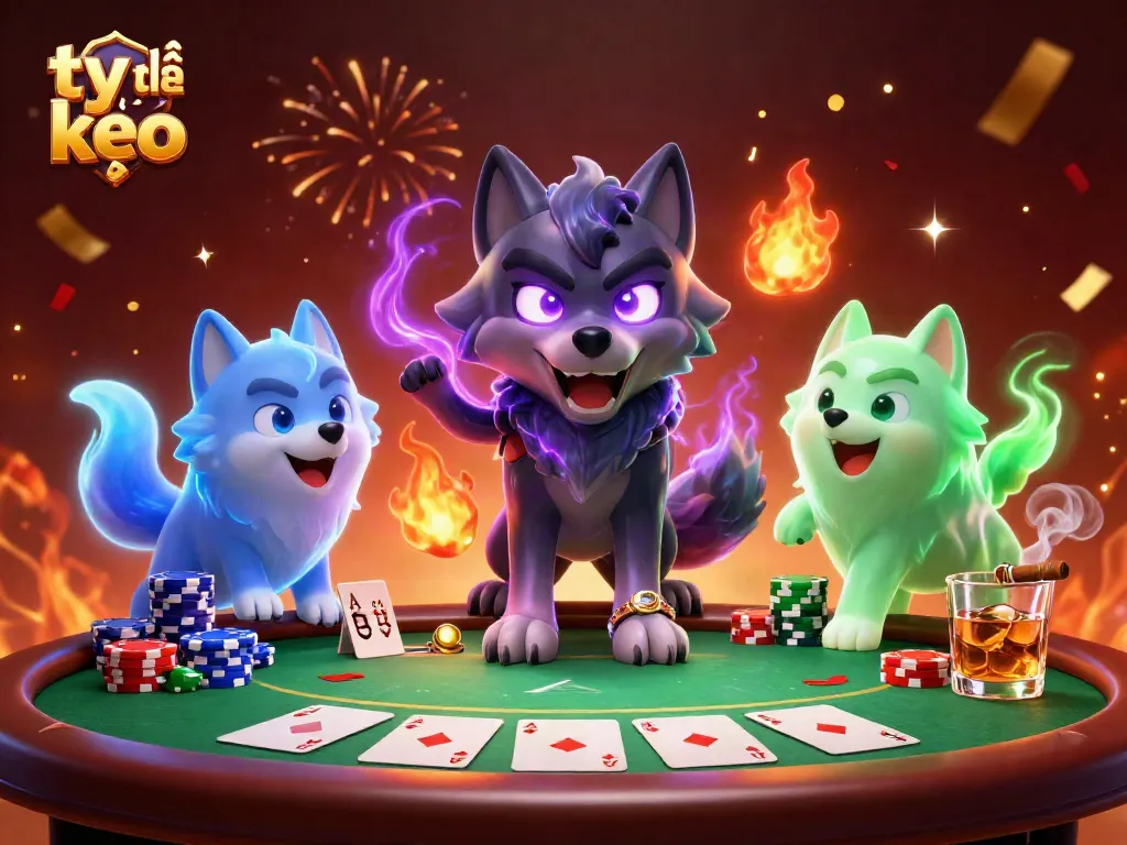 Betting on tỷ lệ kèo reveals vibrant poker action with glowing ghostly wolf companions.
