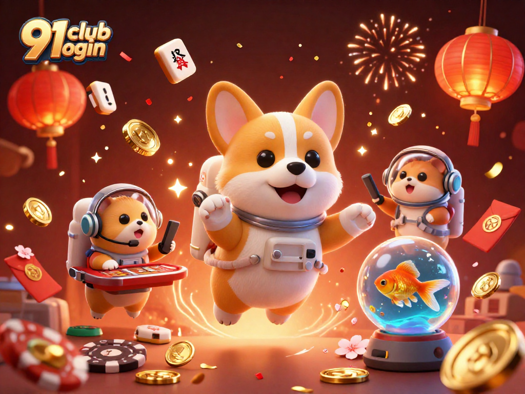 Play exciting games at 91 club login while enjoying a dynamic gaming environment that includes a floating corgi and magical casino elements.