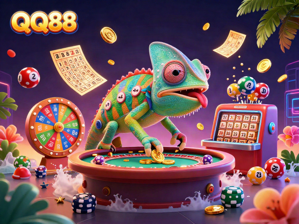 Experience QQ88’s vibrant casino ambiance with a colorful chameleon and exciting gaming elements.