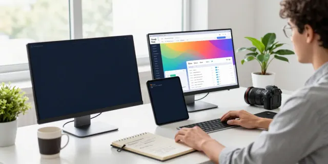 Marketer analyzing website data for instant indexing in a bright workspace.