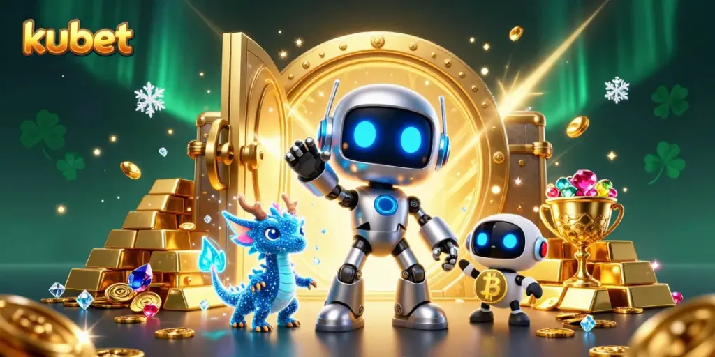Experience the thrill at kubet with a vibrant cyberpunk robot, a holographic dragon, and treasure, capturing the online casino essence.