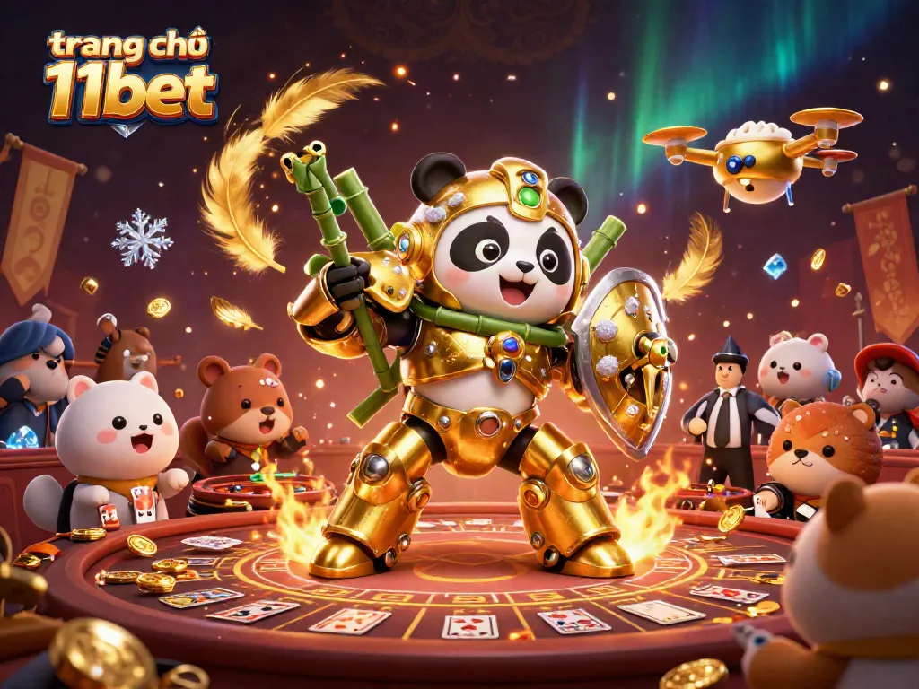 Engaging scene featuring 'trang chủ 11bet' with a golden panda in a vibrant casino, promoting interactive gaming.