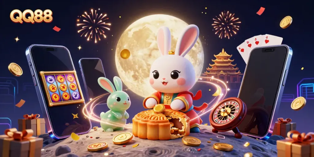 Experience QQ88 with an illustration of moon rabbits, poker chips, and casino games in a vibrant setting.