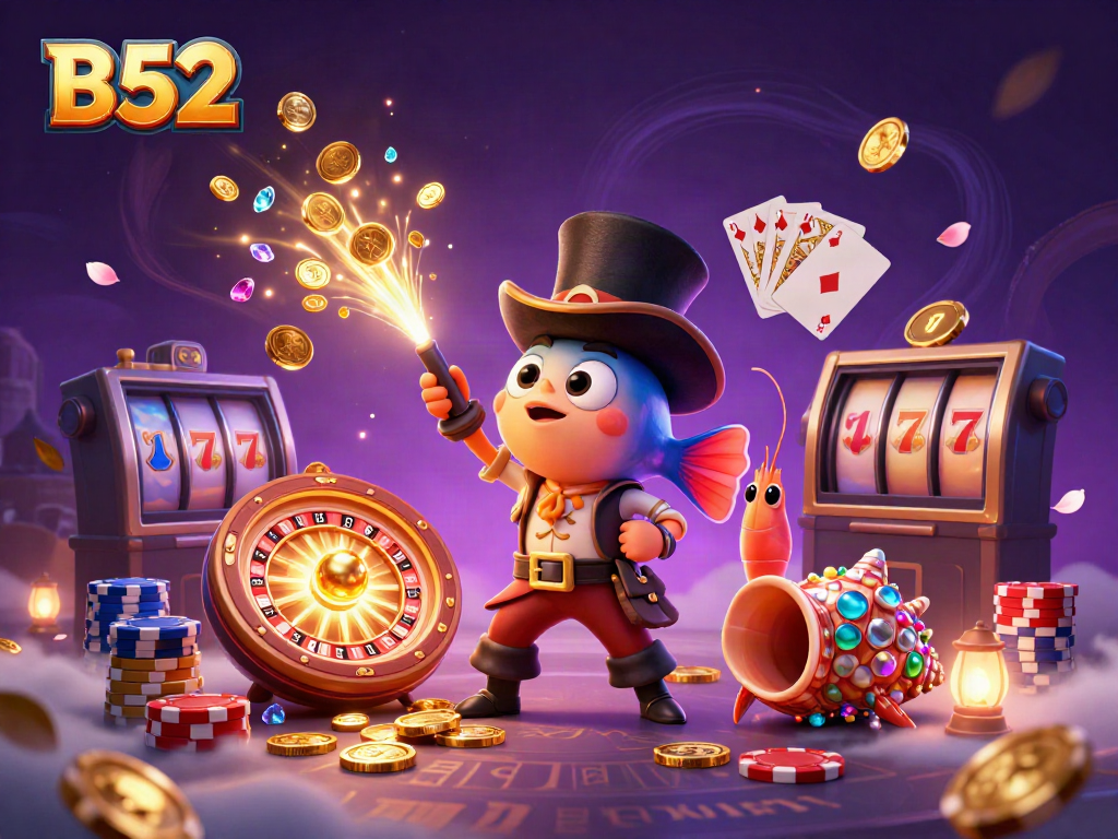 Experience the thrill of B52 casino gaming with vibrant characters attracting golden treasures in a dynamic scene.