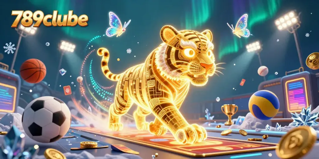 Engage in thrilling gameplay at 789clube with golden tiger and holographic butterflies in an energetic casino scene.