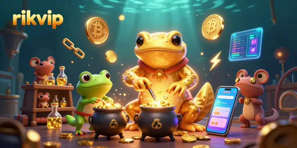 Engage in exciting gaming at rikvip with a vibrant illustration of characters and crypto elements.