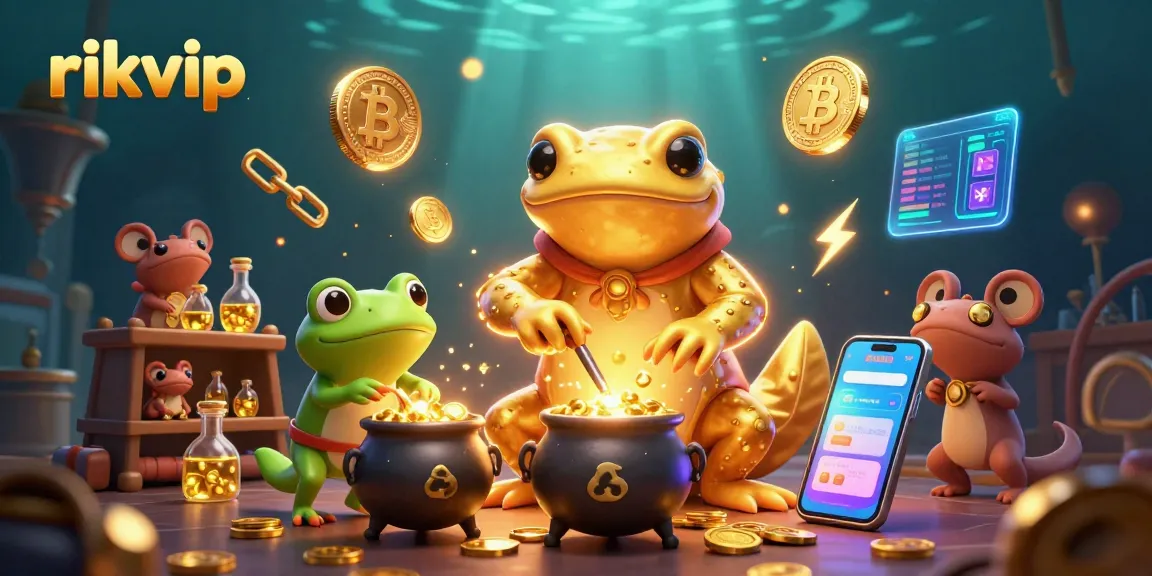 Engage in exciting gaming at rikvip with a vibrant illustration of characters and crypto elements.