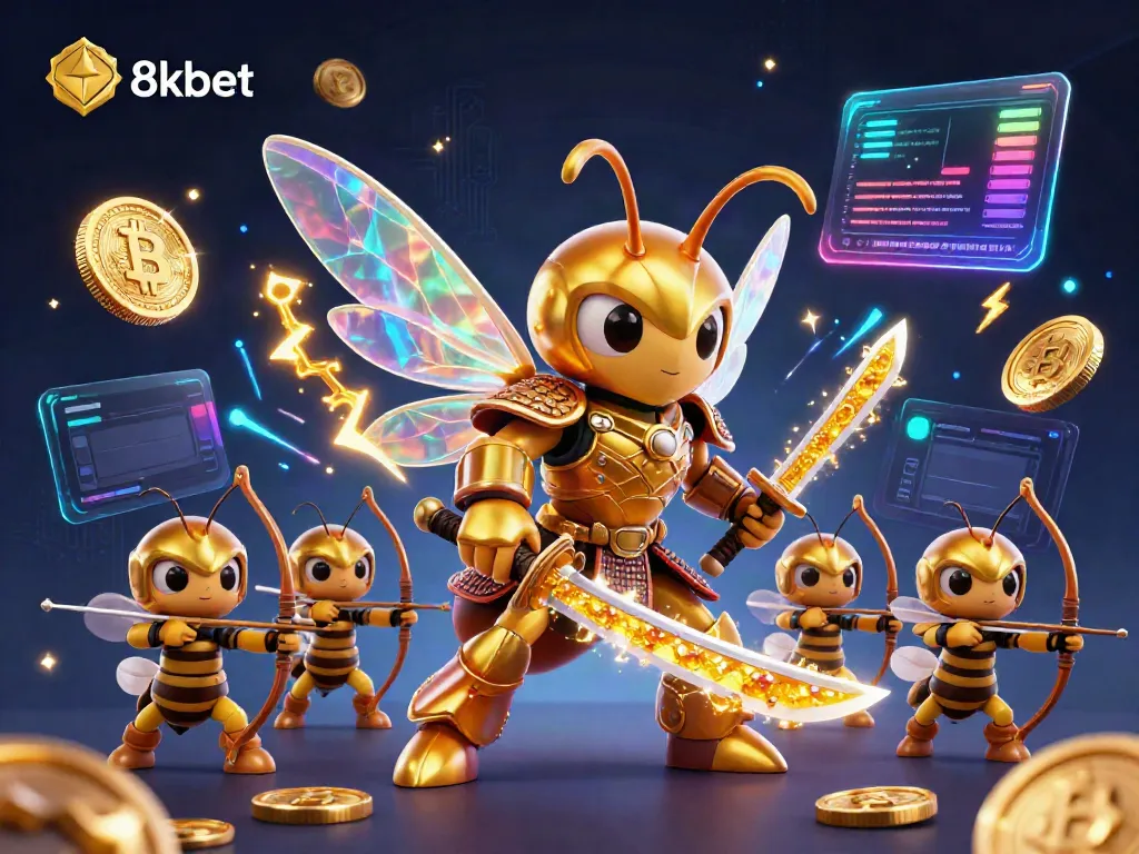 Engage with the thrilling world of 8kbet as a 3D hornet samurai battles alongside bee archers in a vibrant casino scene.