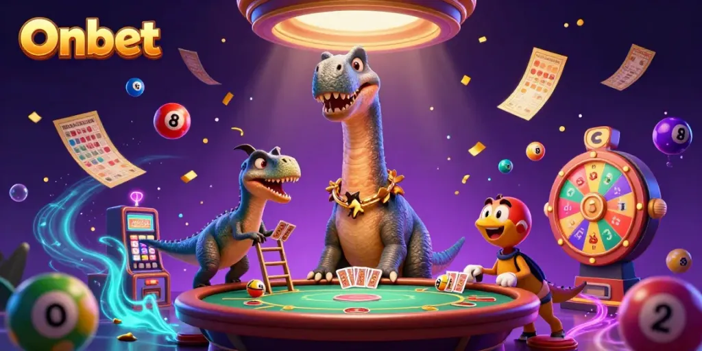 Engage with Onbet through an animated casino scene featuring a giant brontosaurus and colorful gaming elements.