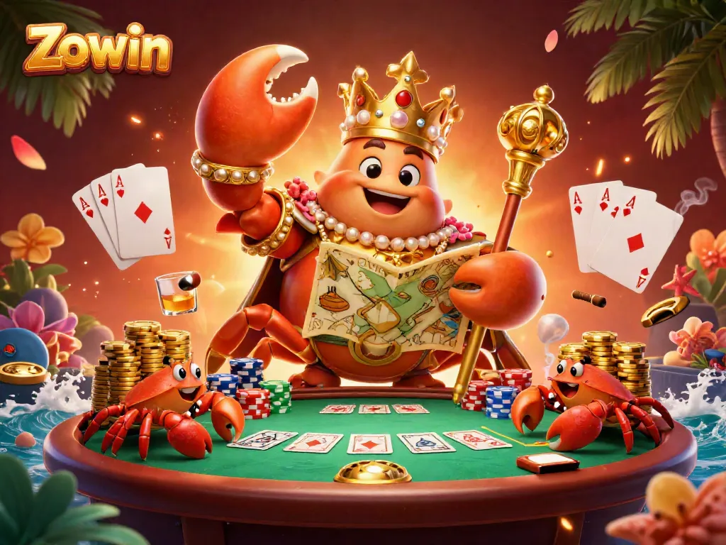 Experience the excitement of Zowin as the golden crab emperor oversees high-stakes poker with vibrant casino details.